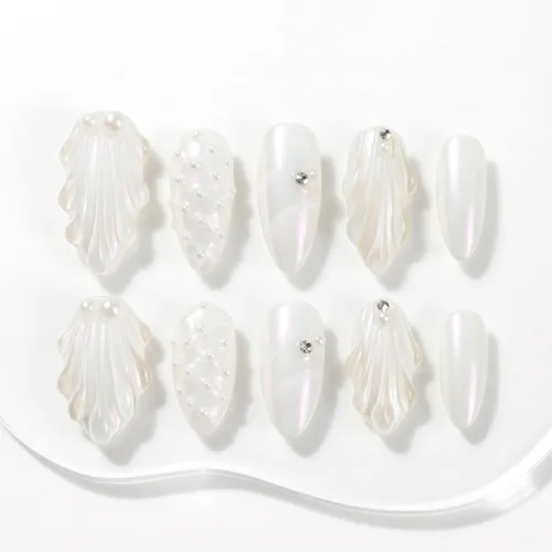 Miniatura 12 de Sun&Beam Nails Uñas a presión hechas a mano medianas con diseño de concha rosa metálica con acabado brillante, 10 piezas para uso diario y ocasiones