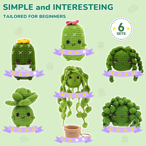 Miniatura 3 de Imcrasy - Kit de ganchillo para principiantes con lecciones de video paso a paso 6 plantas en macetas y kit de ganchillo de la familia de plantas