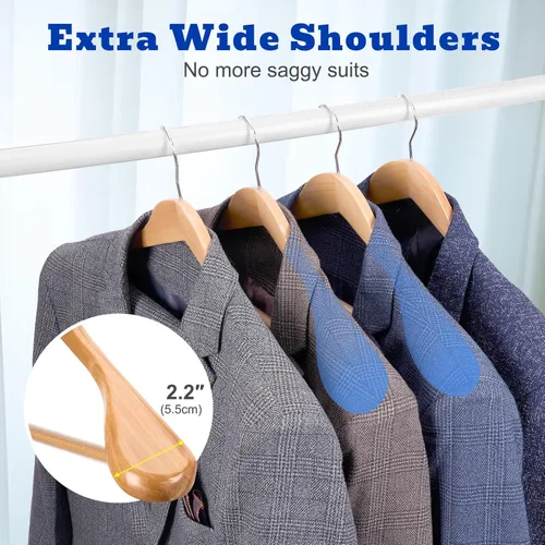 Miniatura 3 de HOUSE DAY Perchas de madera con hombros anchos, perchas para trajes con barra antideslizante para pantalones, acabado liso, gancho giratorio