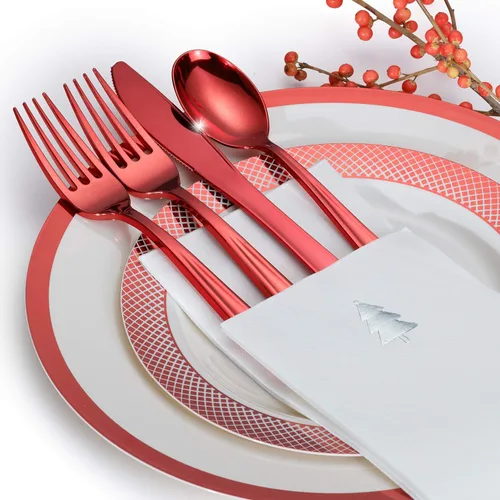 Miniatura 4 de By Madee HEAVYweight - Juego de vajilla desechable de plástico de 175 piezas con cubiertos y servilletas de alta calidad similares al lino