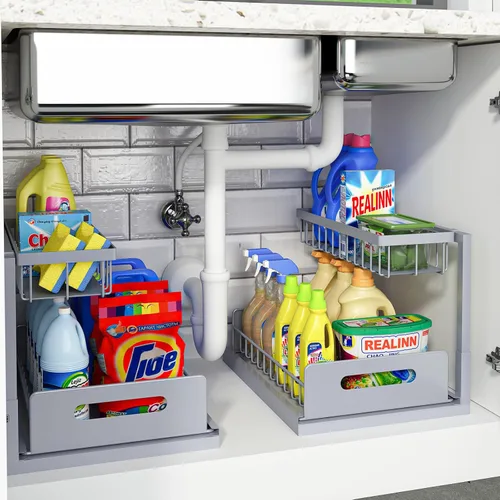 Miniatura 10 de REALINN Organizador para debajo del fregadero, armario extraíble de almacenamiento de 2 niveles, estante deslizante para fregadero, organizadores
