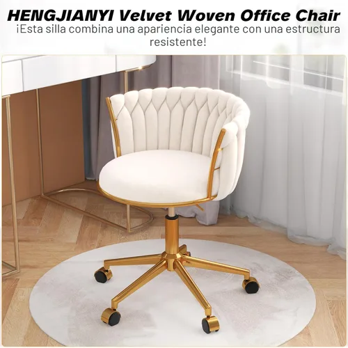 Miniatura 3 de HENGJIANYI - Silla de oficina tejida de terciopelo para el hogar, silla de escritorio giratoria moderna con ruedas, silla de tocador de altura Beige