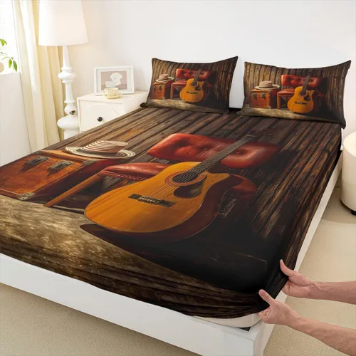 Miniatura 20 de Erosebridal Sábanas de guitarra tamaño individual para niños y niñas, sábanas de teclados de piano, sábanas bajeras con temática musical
