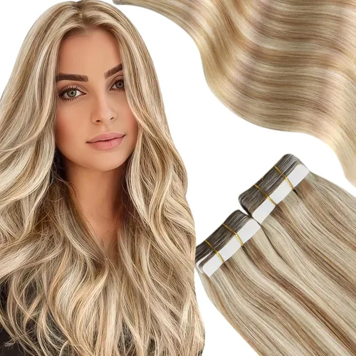 Miniatura 11 de Moresoo Extensiones adhesivas de cabello humano degradado, balayage, mezcla de marrón oscuro con extensiones de color marrón medio, extensiones