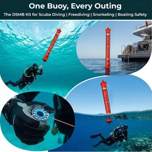 Miniatura 6 de DSMB Surface Marker Buoy with 100ft Finger Spool Reel Diver Below Signal Flag Tube Scuba Diving Equipment Open Bottom Set