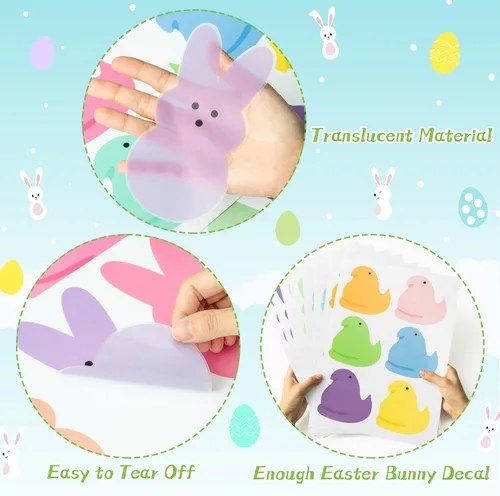 Miniatura 3 de Calcomanías de pared de conejo de Pascua – 8 calcomanías de Peeps en total 48 piezas coloridas y bonitas pinturas de vinilo transparente estético