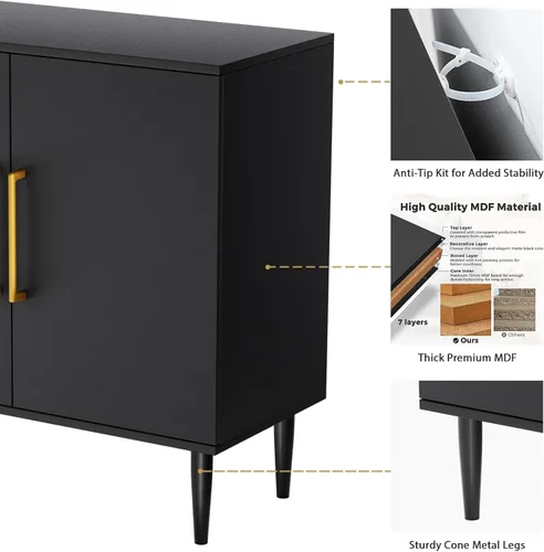 Miniatura 6 de Vrullu Gabinete de Almacenamiento Moderno, Gabinete de Buffet Independiente, Aparador Negro y Almacenamiento de Buffet, Muebles de Acento de Madera