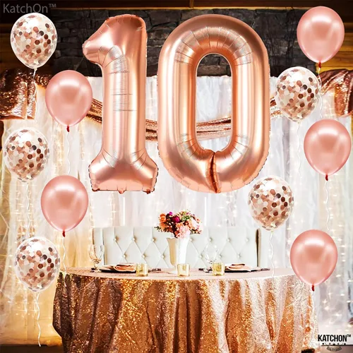 Miniatura 4 de KatchOn, Globo gigante de oro rosa del número 10 – 40 pulgadas Globo de oro rosa 10 con globos de confeti Decoraciones de 10 cumpleaños de oro