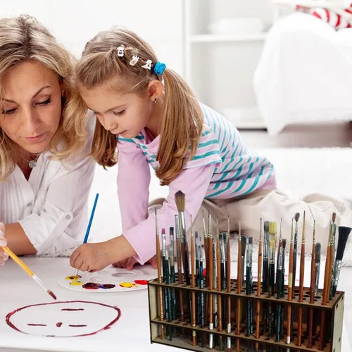 Miniatura 4 de Organizador de pinceles de madera para pintura, soporte de almacenamiento de 67 agujeros, soporte para pinceles de arte para niños