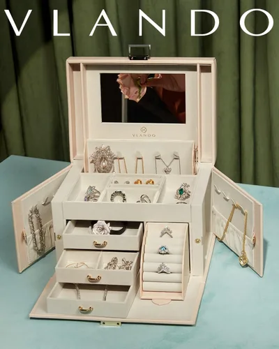 Miniatura 9 de Vlando Joyero organizador para niñas y mujeres, caja de almacenamiento de joyería barroca grande con espejo, cajones para pulseras, aretes, anillos