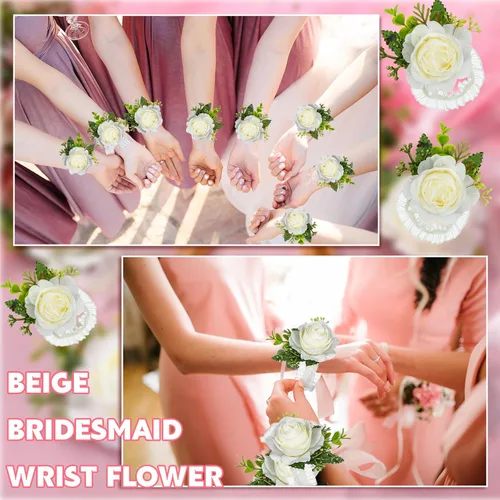 Miniatura 5 de Sherr Juego de 60 piezas de ramillete de rosas y boutonniere, rosa marfil, pulsera de flores para novia, dama de honor, ramillete para novio