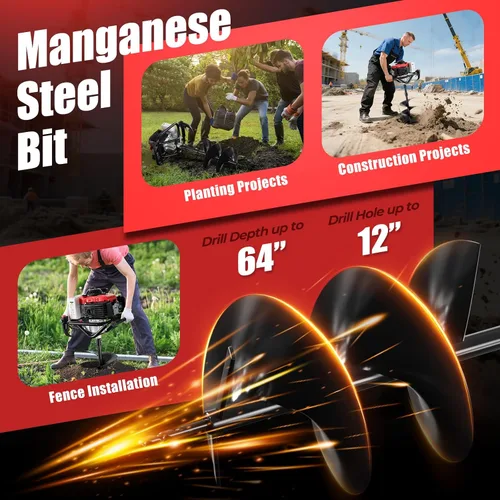 Miniatura 3 de Baotree Excavadora de agujeros para postes, excavadora de agujeros de poste de barrena de 68 cc, excavadora de tierra a gas de 4 tiempos con 2