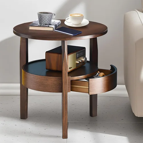 Miniatura 11 de Mesa auxiliar redonda con almacenamiento y cajón oculto, mesa auxiliar de madera natural de 20 pulgadas de profundidad x 20 pulgadas de alto