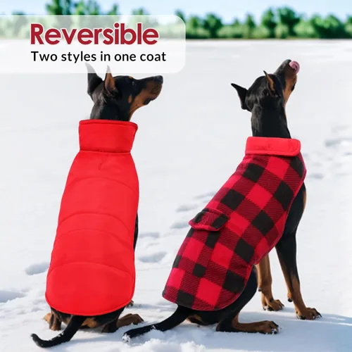 Miniatura 4 de Asenku - Abrigo de invierno para perros, diseño a cuadros reversible, impermeable, para climas fríos, para perros pequeños, medianos y grandes