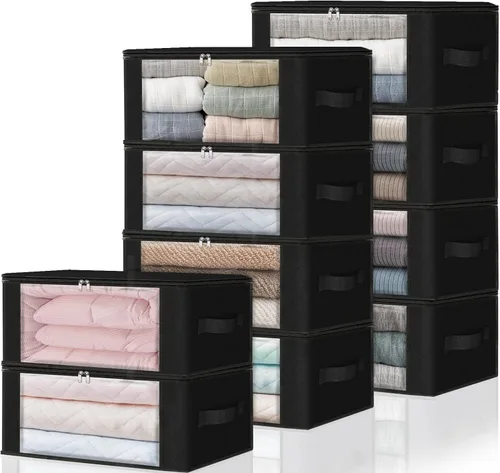 Miniatura 23 de HomeHacks Paquete de 3 bolsas organizadoras de ropa, caja de almacenamiento plegable con gran ventana transparente y asas resistentes para armario