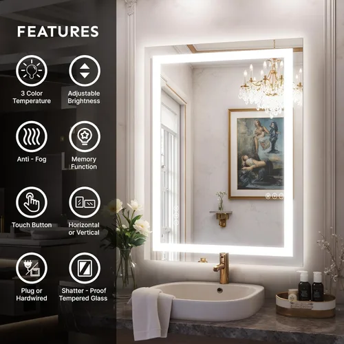 Miniatura 3 de Espejo de baño LED de 24 x 32 pulgadas con luces – antiniebla, regulable, retroiluminado e iluminado frontalmente, espejo de tocador iluminado