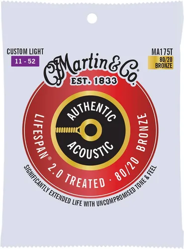 Miniatura 9 de Martin Auténticas cuerdas de guitarra acústica, tratamiento de vida útil 2.0, ligero, bronce 80/20