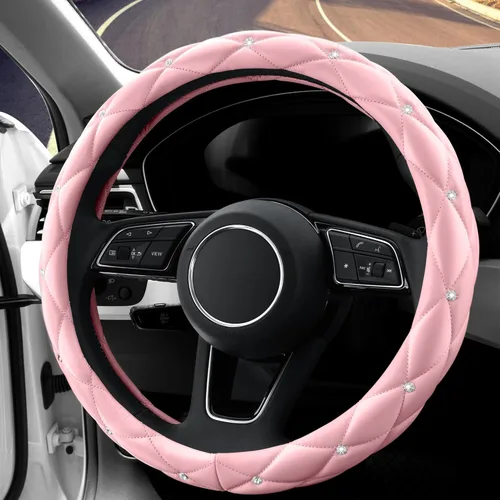Miniatura 3 de YOGURTCK Linda funda antideslizante para volante de cuero rosa suave con diamantes y cristales brillantes, universal de 15 pulgadas para mujeres