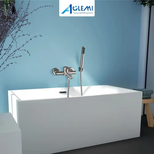 Miniatura 7 de Aolemi Llenador de bañera de montaje en pared, níquel cepillado, grifo de bañera central de 6 pulgadas con ducha de mano, acero inoxidable SUS304