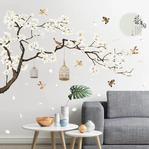 Miniatura 5 de Calcomanías de pared de estilo chino, árbol negro y pájaros voladores, removibles, decoración de pared, murales para niños, guardería, oficina