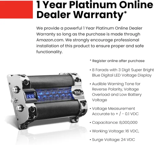 Miniatura 3 de BOSS Audio Systems CAP8 - Condensador de coche – 8 farad, almacenamiento de energía, graves mejorados desde estéreo, tono de polaridad inversa