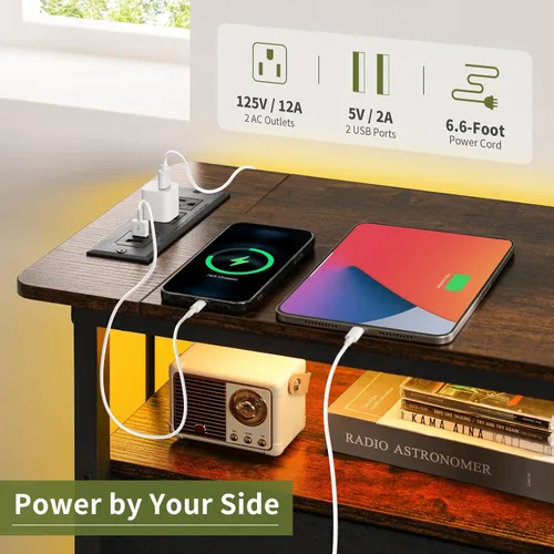 Miniatura 5 de Yoobure Mesa Auxiliar con Estación de Carga, Mesa Auxiliar Estrecha LED para Cama, Mesa Nocturna Pequeña para Sala de Estar, Mesita de Noche delgada