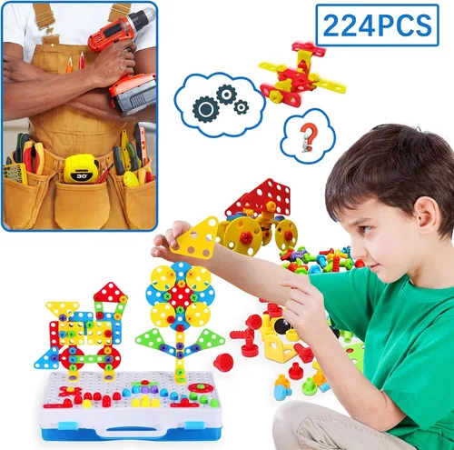 Miniatura 3 de 224 juguetes de construcción STEM para niños de 4 a 8 años, juego creativo de taladro de mosaico con taladro eléctrico y destornillador, kit