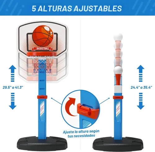 Miniatura 3 de HYES Juego de aro de baloncesto 2 en 1 y pelota en T para niños, altura ajustable, tee de béisbol para niños con máquina de lanzamiento automática