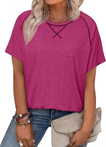 Miniatura 69 de Eytino Blusas de talla grande para mujer, cuello en V, manga corta, a rayas, casual, holgada, con bolsillo (1X-5X)