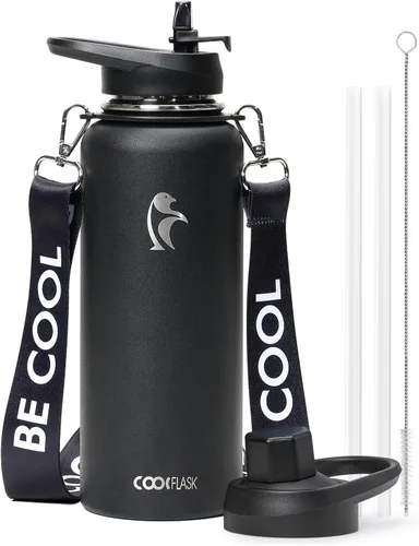 Miniatura 25 de Botella de agua Coolflask de 40 onzas con correa, botella de agua metálica aislada con popote y tapas con pico, acero inoxidable de doble pared al