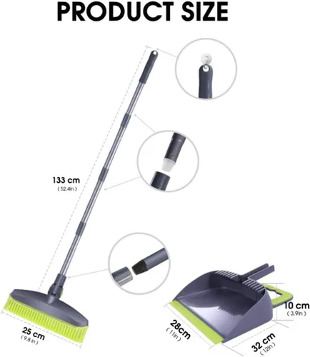 Juego de escobas y recogedor de goma ajustable, escobas angulares autolimpiantes para interiores y exteriores con bandeja para el polvo para el