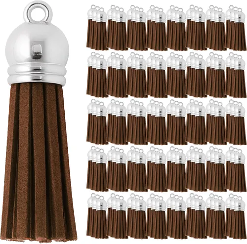 Miniatura 128 de Mandala Crafts 100 borlas de gamuza sintética color aguamarina con tapa dorada, suministros para hacer llaveros a granel, pequeñas borlas de cuero
