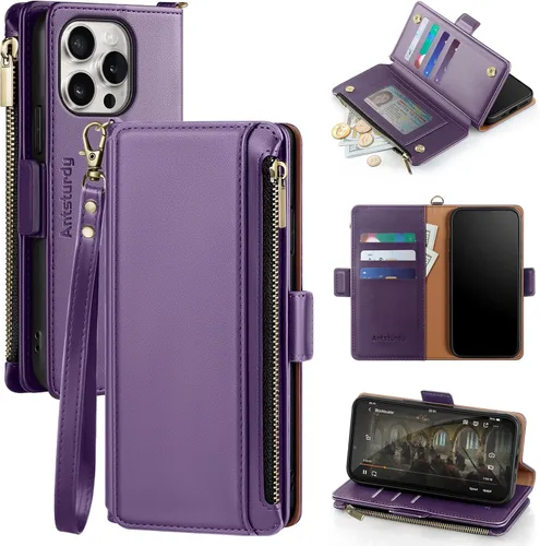 Miniatura 22 de Antsturdy Compatible con iPhone 15 Pro Max Funda Cartera para Mujeres【Bloqueo RFID】Funda de Teléfono Cruzada de Cuero PU con Cremallera y Correa