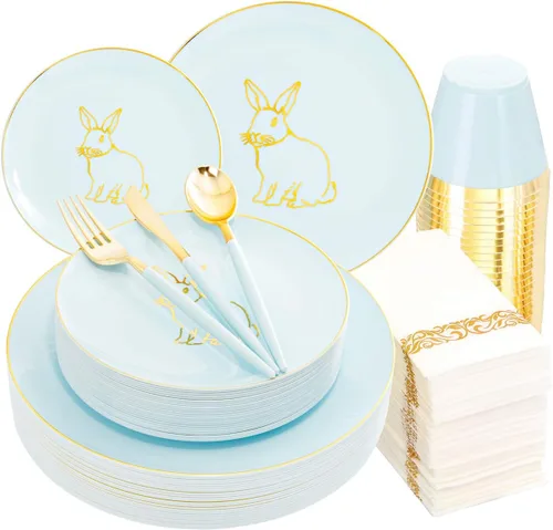Miniatura 13 de YOUBET 175 PIEZAS Platos de Plástico Azul Transparente - Platos Desechables Azules y Dorados Incluyen 50 Platos, 75 Cubiertos, 25 Vasos, 25