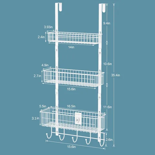 Miniatura 2 de OYEAL Organizador de puerta de despensa blanca con ganchos, estantes traseros de puerta de metal de 3 niveles resistentes con 3 cestas para cocina