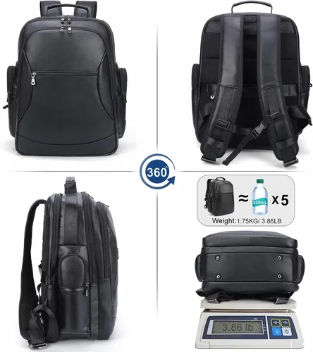 Miniatura 2 de TIDING Mochila de cuero genuino para hombres de gran capacidad 17.3 pulgadas portátil bolsa negra impermeable negocios trabajo viaje mochila