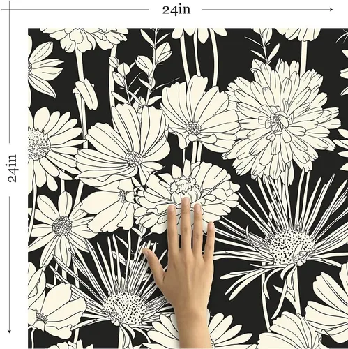 Miniatura 5 de Walls By Me Papel tapiz extraíble con estampado floral blanco y negro dibujado a mano 5539-2 pies x 4 pies (24.0 x 48.0 in)