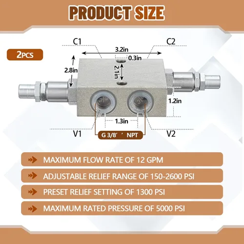 Miniatura 2 de Threlaco 2 unids doble crossover válvula de amortiguación de alivio hidráulico 3/8 "Puertos NPT 12 GPM para cilindro de motor de válvula de control