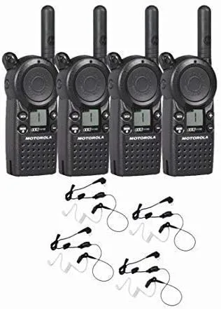 4 Motorola CLS1110 Radio bidireccional Walkie Talkie con 4 auriculares HKLN4601 PTT Negro