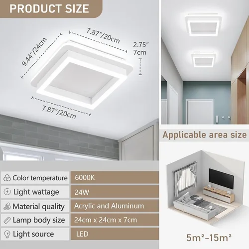 Miniatura 2 de CANEOE Luz de Pasillo Cuadrada de 24W, Moderna Luz de Techo LED de Montaje al Ras, Luces de Acrílico Blanco Cerca del Techo para Dormitorio Comedor