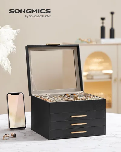 Miniatura 2 de SONGMICS Joyero organizador con tapa de vidrio, almacenamiento de joyas de 4 capas, con 3 cajones, estilo moderno, regalo de Navidad, 8 x 9.1 x 6.5