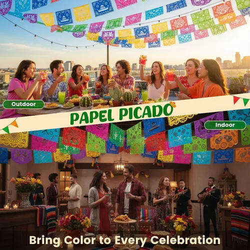 Miniatura 3 de DomeStar Paquete de 3 Pancartas de Fiesta Mexicana, 54 Pies Papel Picado Guirnalda de Banner de Fiesta para Cinco de Mayo Día de los Muertos