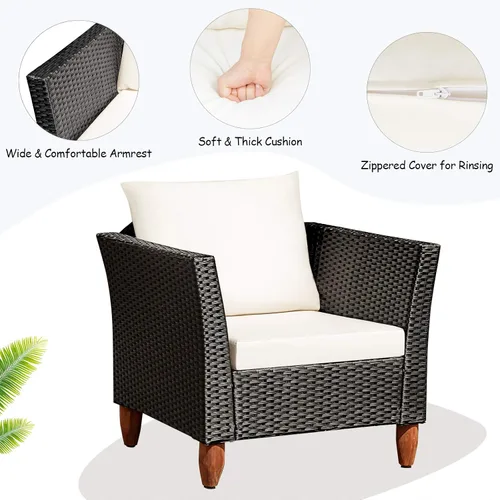 Miniatura 8 de COSTWAY Juego de muebles de ratán de 3 piezas, juego de sillas de mimbre para exteriores con mesa de centro de madera de acacia y cojín lavable