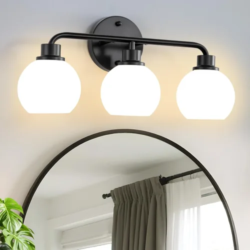 Miniatura 10 de Lámparas de baño doradas para tocador, 3 luces, apliques de pared, luces de latón cepillado con pantalla de vidrio martillado, lámpara de pared