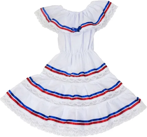 Miniatura 2 de Vestido de cintas étnicas rojo, azul y blanco cubano, domincano, puertorriqueño