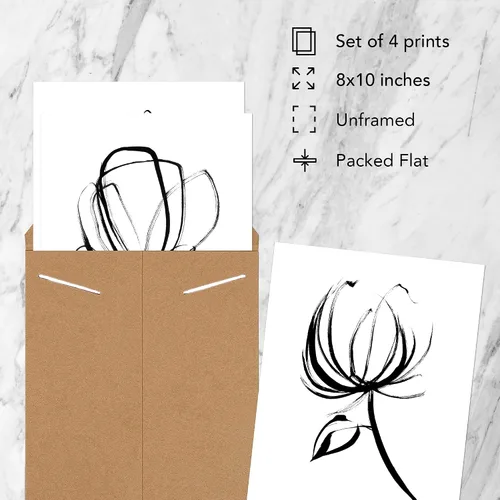 Miniatura 2 de Arte de pared de flores blancas y negras sin marco, 8 x 10 pulgadas, póster floral de dibujo simple para dormitorio, decoración de oficina en casa