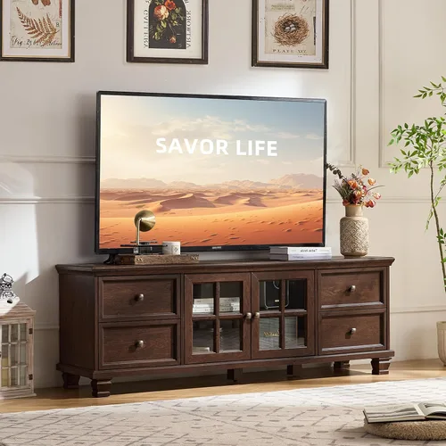 Miniatura 11 de SAVOR LIFE Soporte de TV de granja para sala de estar, centro de entretenimiento verde rústico con armario de almacenamiento, consola de TV