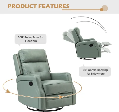 Miniatura 4 de HULALA HOME Sillón reclinable giratorio de cuero genuino con respaldo ajustable y reposapiés, silla reclinable manual para sala de estar
