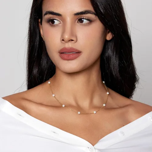 Miniatura 3 de Zeffy Collar de perlas de oro para mujer, delicado collar de gargantilla de perlas pequeñas chapado en oro de 18 quilates, collar de cadena