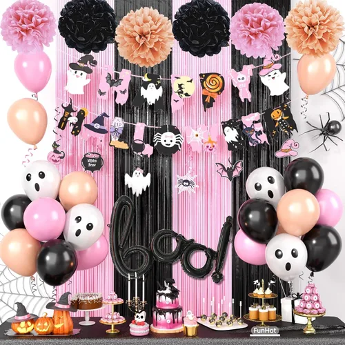 Miniatura 15 de Juego de decoraciones de fiesta morado, negro y naranja, kit de decoraciones de Halloween que incluye pancarta HAPPY HALLOWEEN, globos de papel